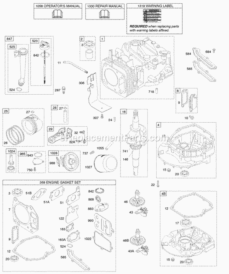 Camshaft Crankshaft Cylinder Engine Sump Lubrication Piston Group Diagram and Parts List for 12H672-0005-B1  Briggs and Stratton Engine
